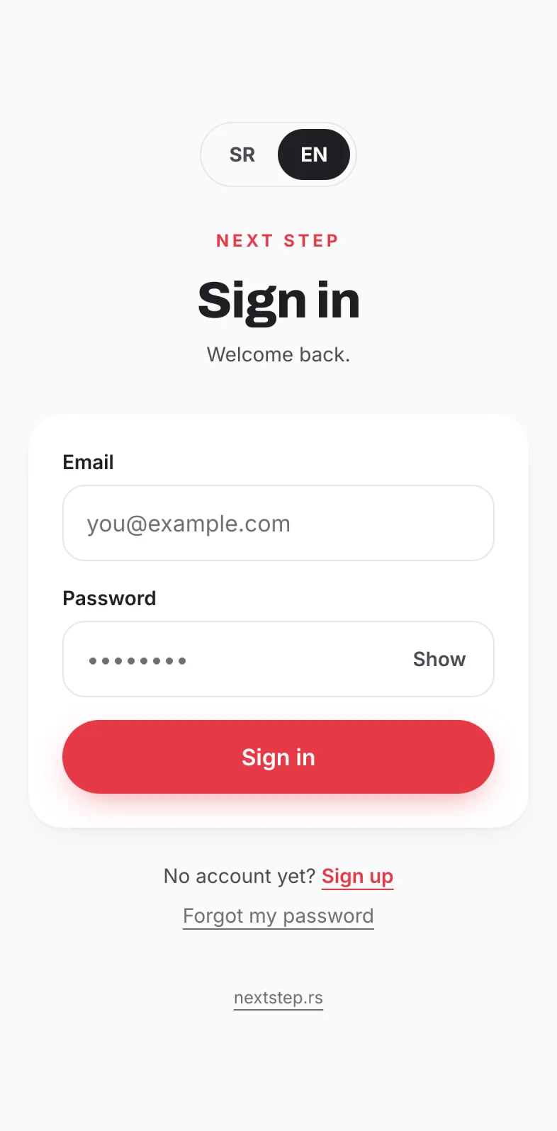 Sign in screen of the Next Step app, with the Sign up link below the form