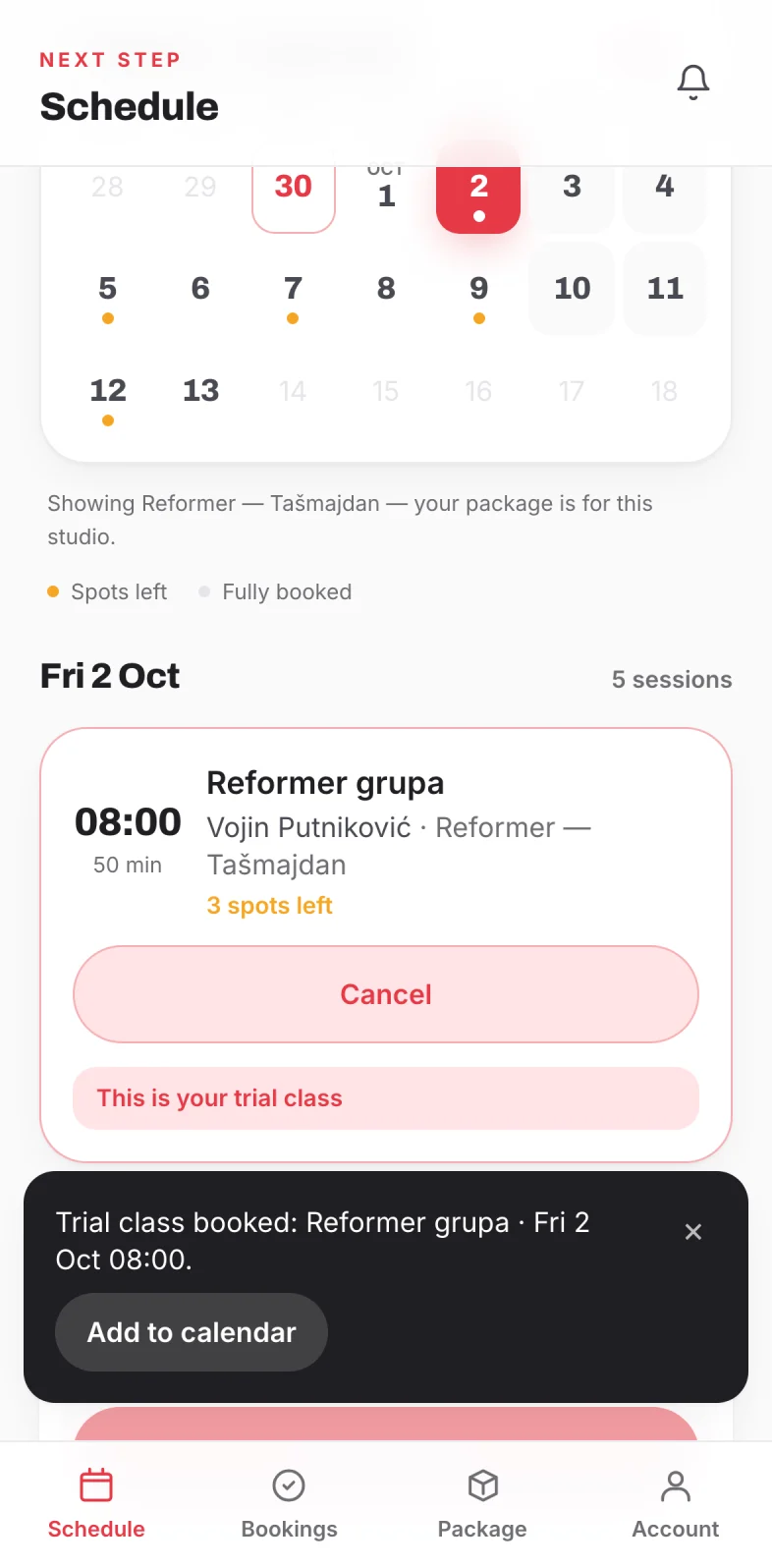 Booked class marked This is your trial class, with a confirmation message