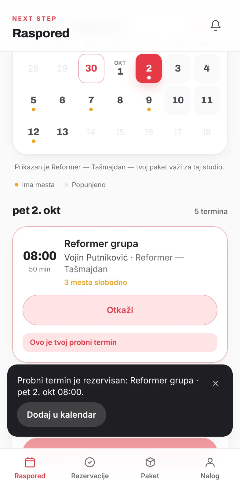 Rezervisan termin sa oznakom Ovo je tvoj probni termin i porukom o potvrdi