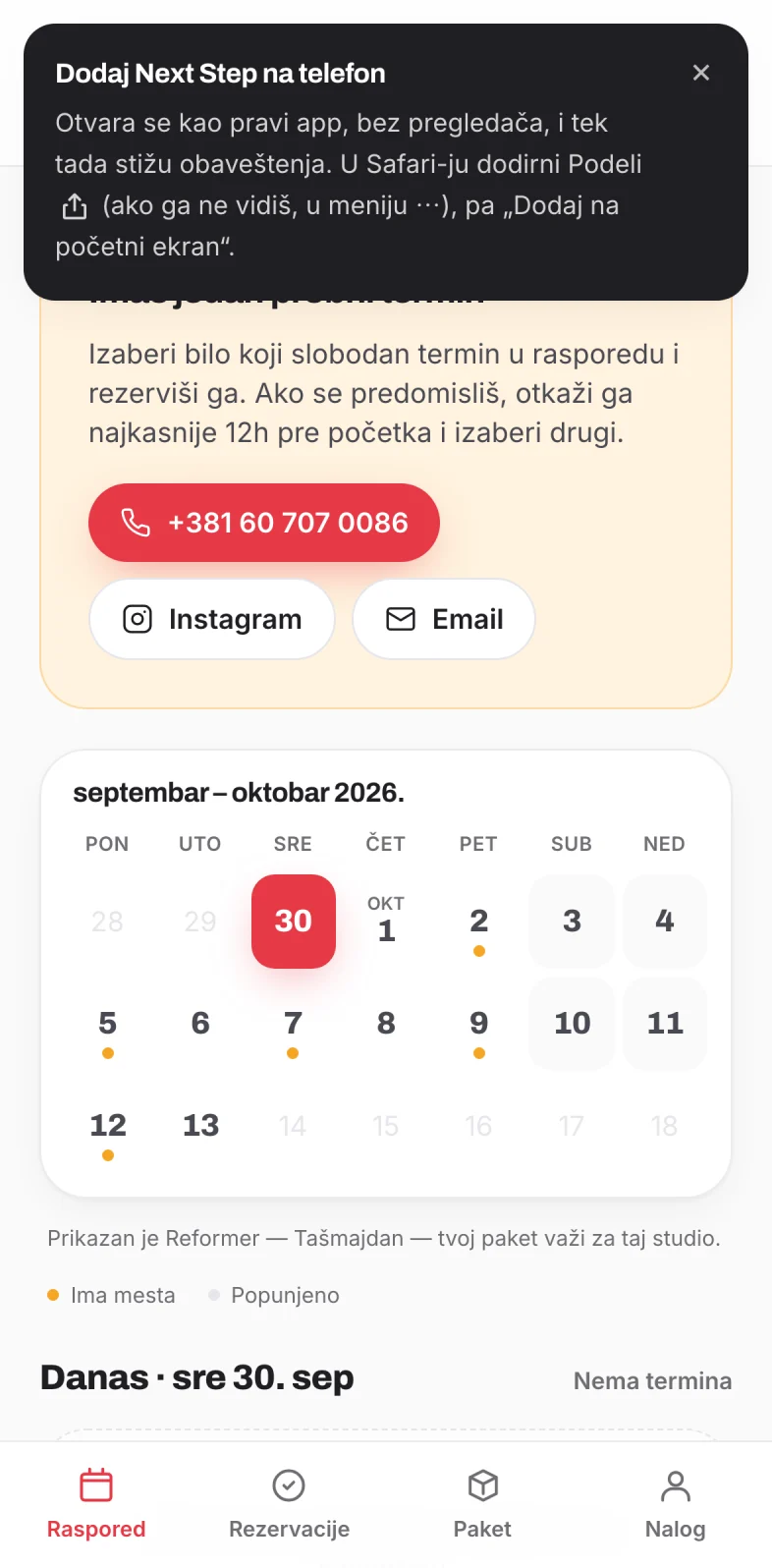 Poruka Dodaj Next Step na telefon, sa uputstvom za Safari