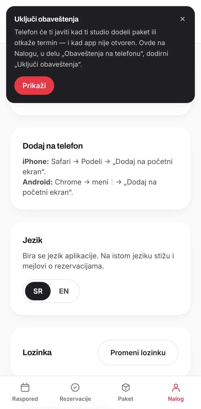 Ekran Nalog sa porukom Uključi obaveštenja i dugmetom Prikaži