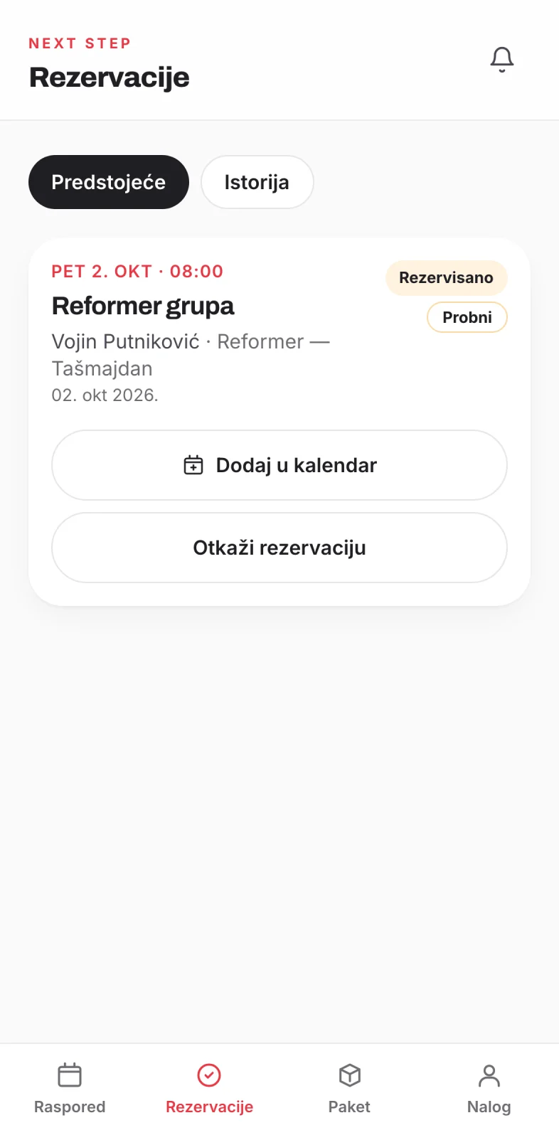 Ekran Rezervacije sa rezervisanim probnim terminom